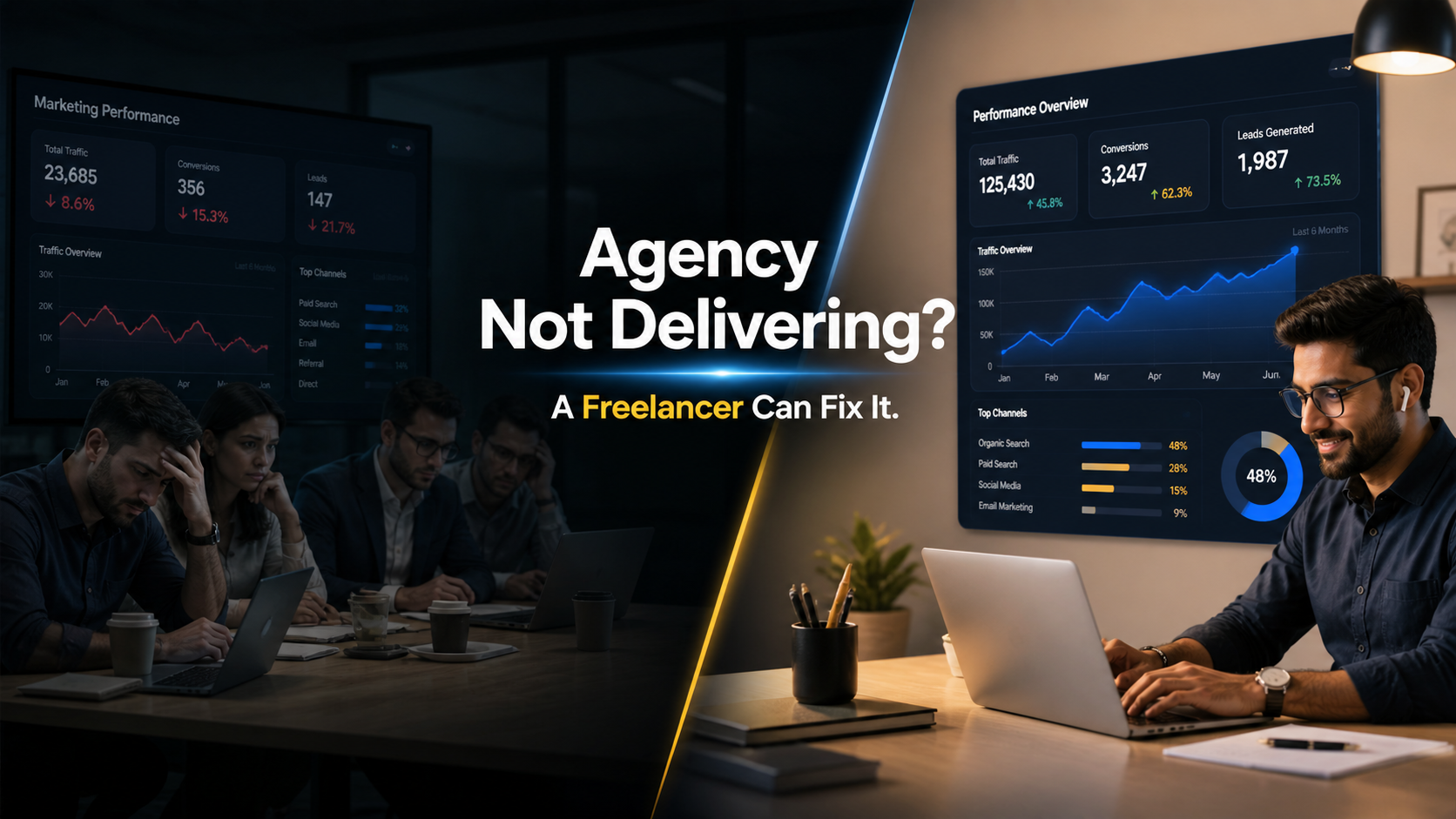 freelance digital marketing comparison showing struggling agency team with declining performance versus freelancer achieving growth with analytics dashboard and increasing results