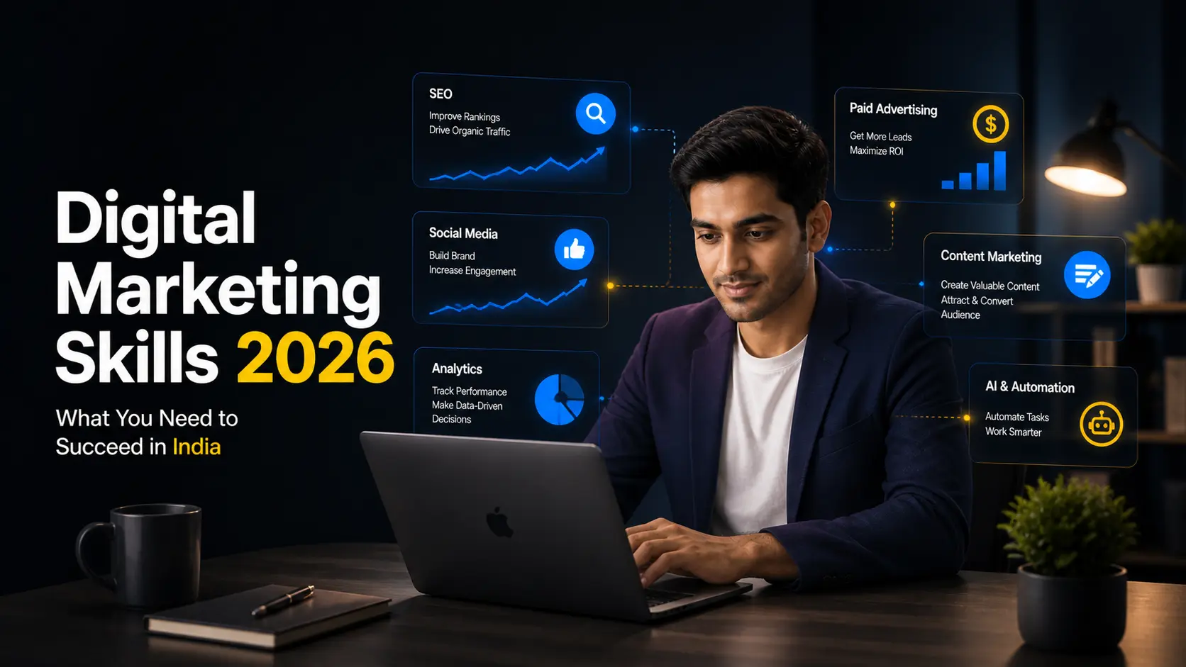 Digital marketing skills needed for success in India 2026, featuring SEO, AI, and social media analytics icons.